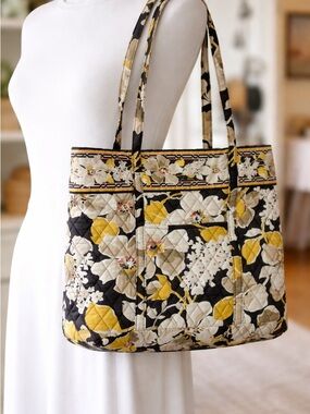 Vera Bradley Quilted Floral Shoulder Tote in Black, Yellow and Cream